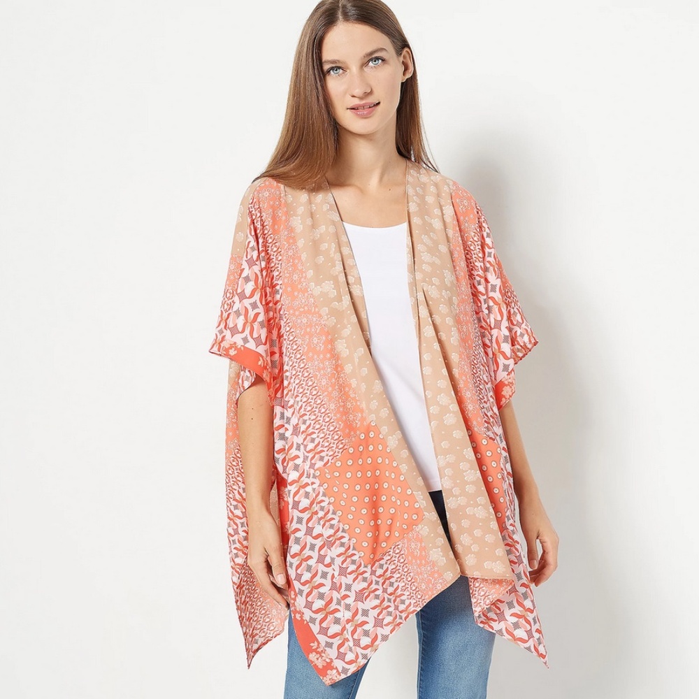Susan Graver Printed Woven Open Cardigan Patch Pockets Coral Melon